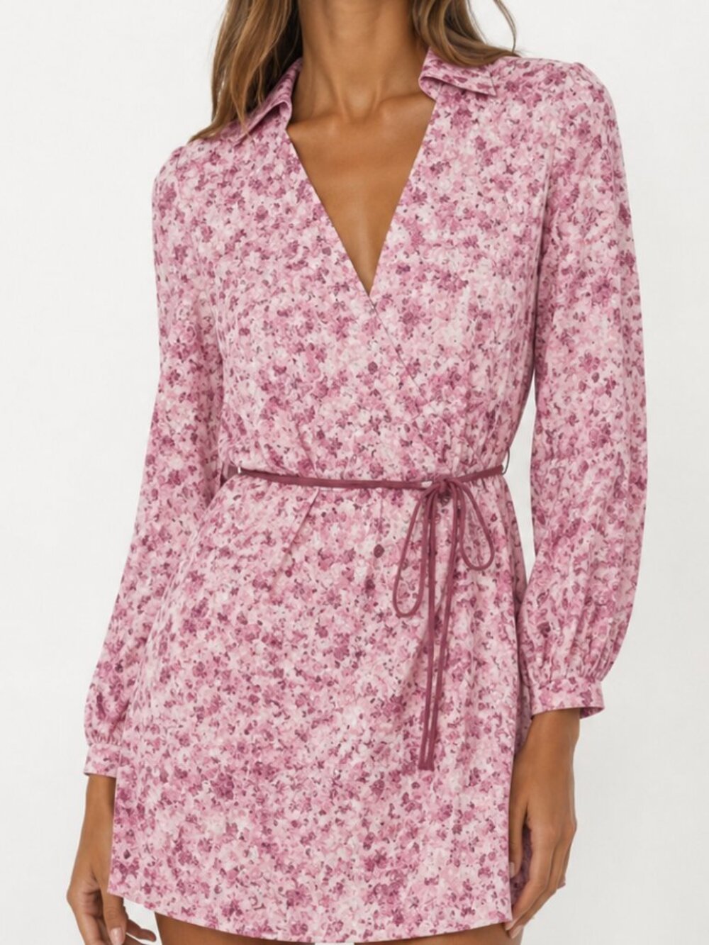 Zara Pink Floral Long-Sleeve Wrap Dress with Tie Waist